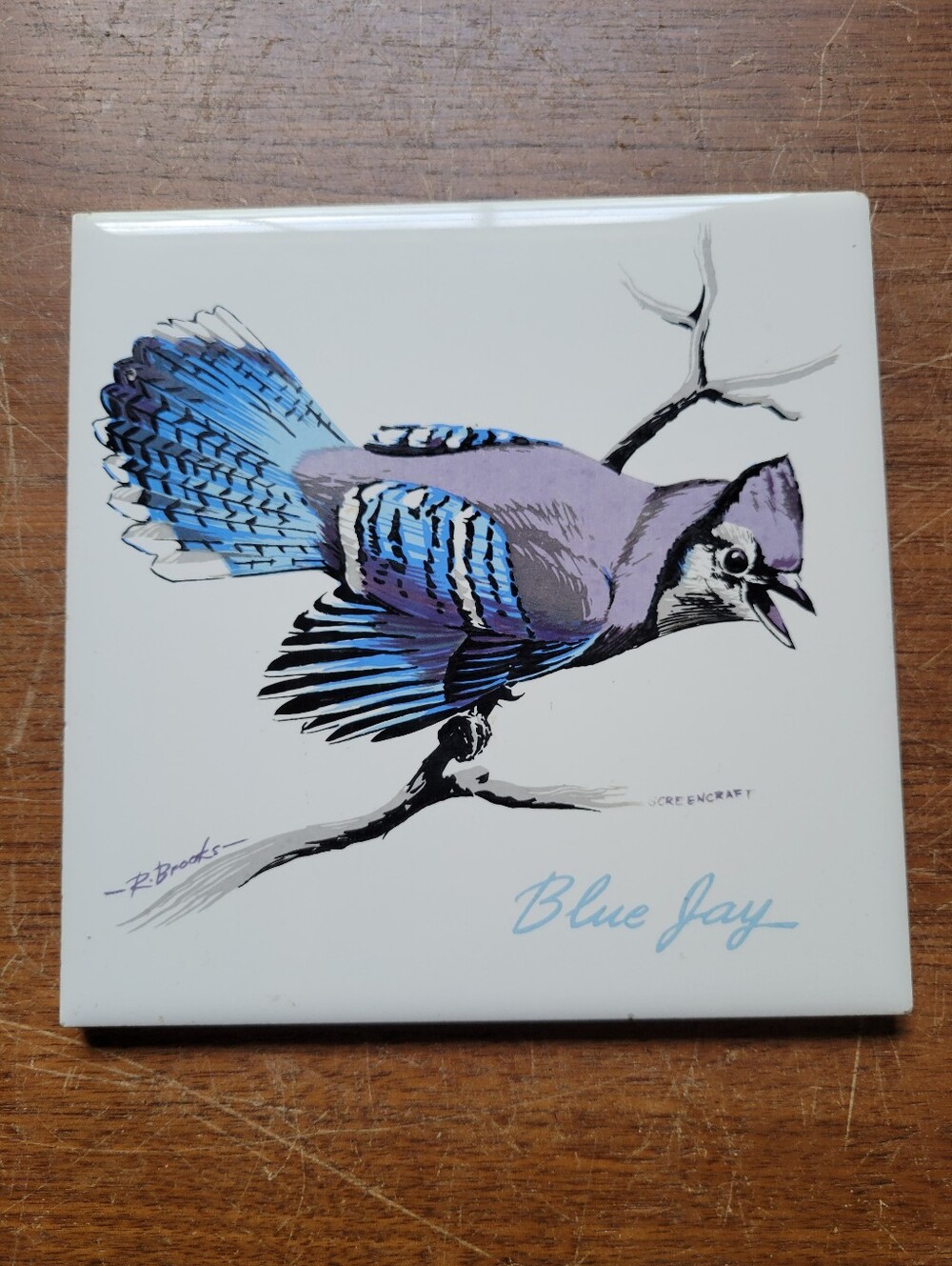 Vintage Screencraft BLUEJAY Ceramic Tile Trivet/Wall Hanging 6" Sq